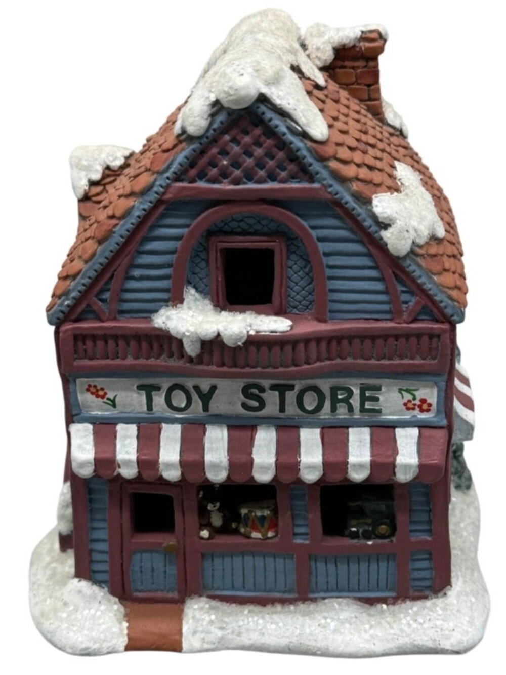 Christmas house toy store village decor bear drum train blue white snow 4" READ